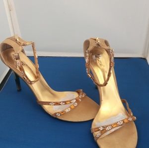 Unze Women's Sandals Heels Gold with Rhinestones
